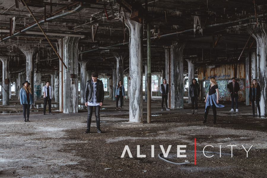 Alive City band photo in the old building