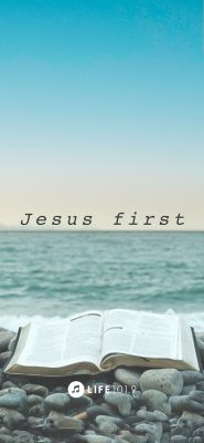 "jesus first" with a rocky beach and a bible