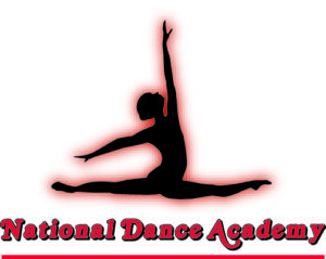 The silhouette outlined in red of dancer doing the splits while gracefully lifting her hands upward and to the side; National Dance Academy